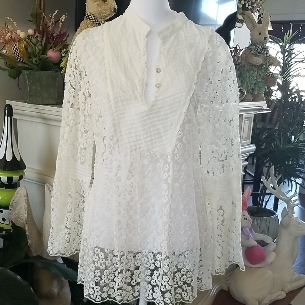 Sundance White Lace Blouse with Button Detail